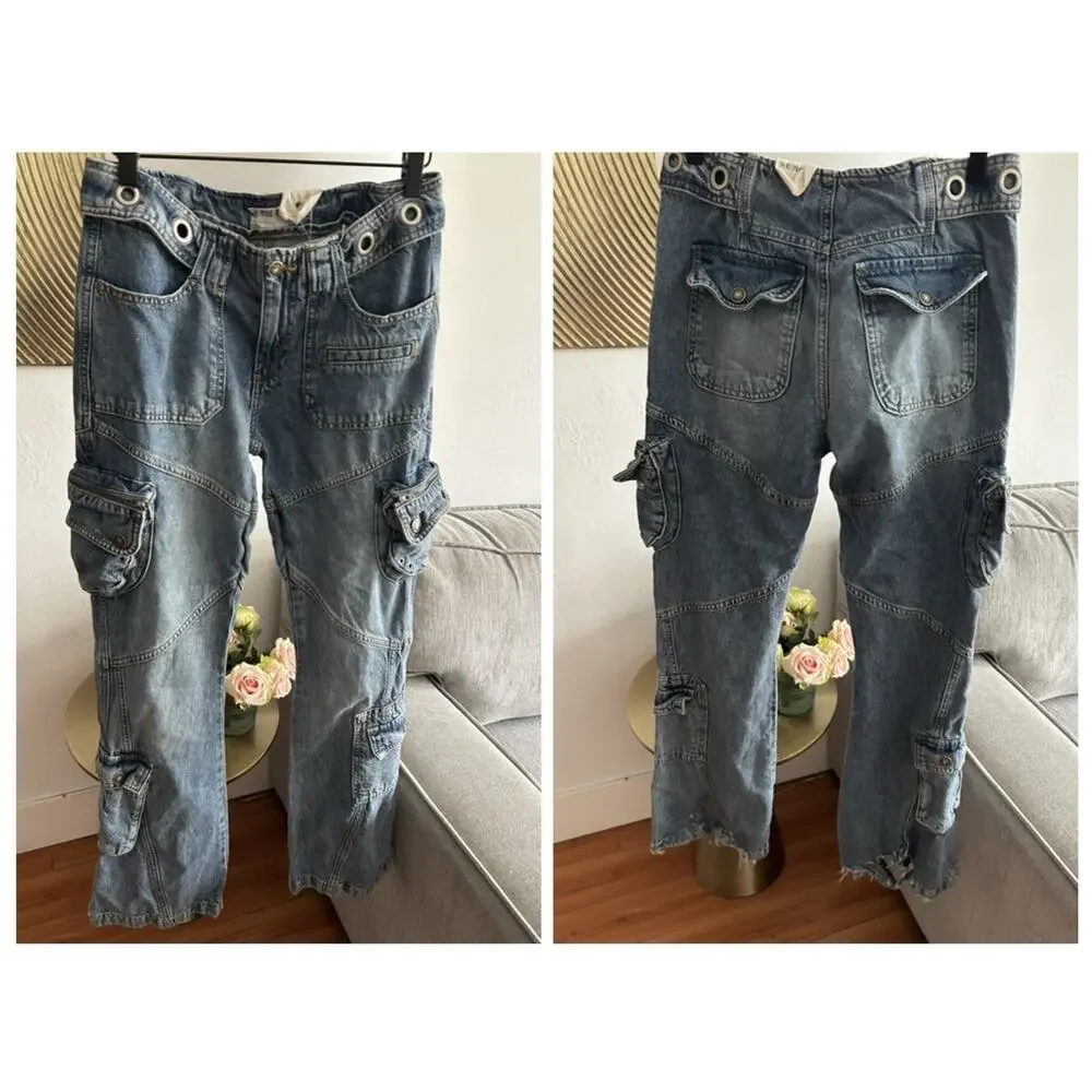Free People Call Me Crazy Cargo Jeans 26 We The Free Grommet Waist Blue - Picture 2 of 16